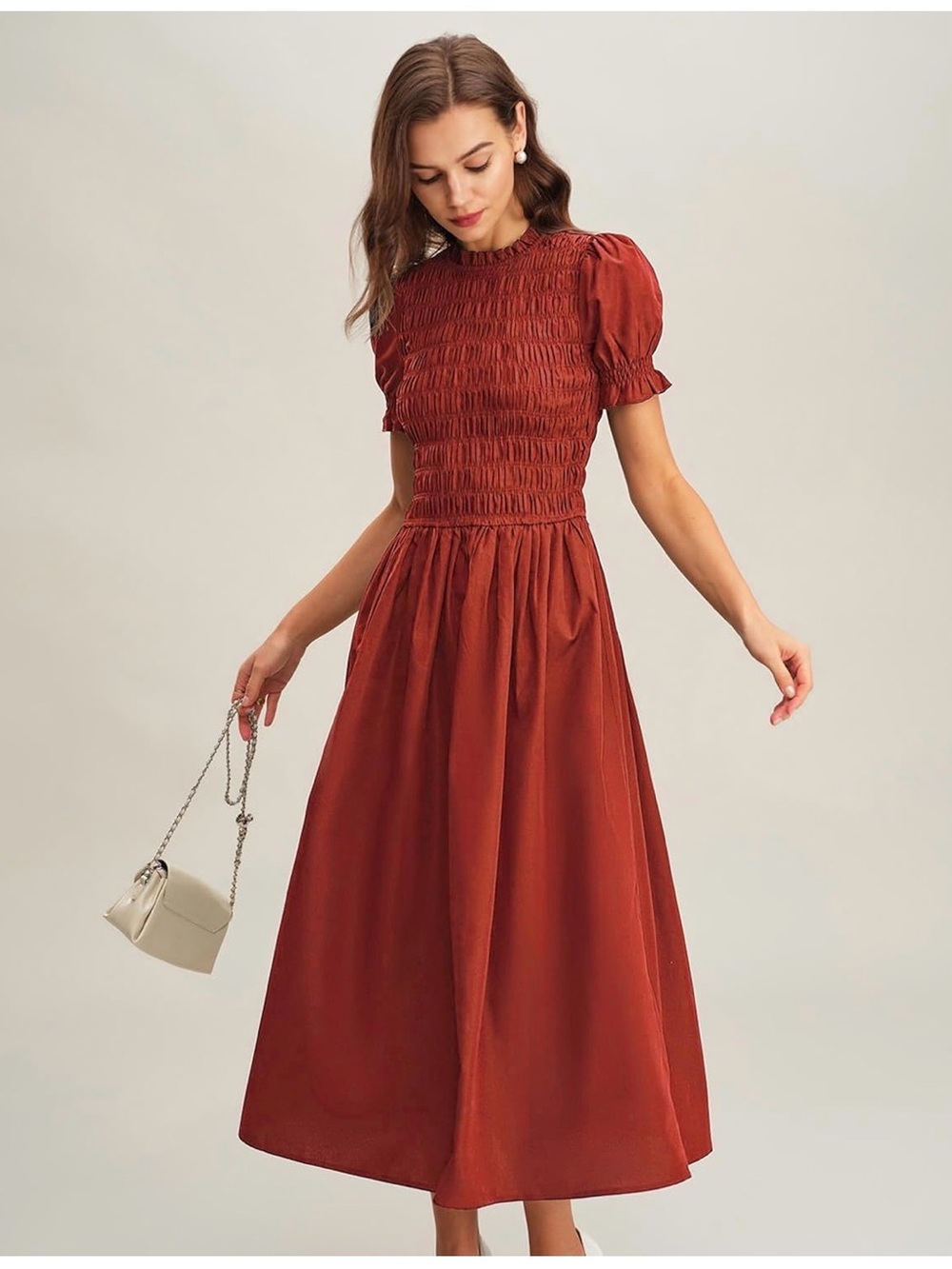 Red Puffed Sleeve Shirred A-
Line Midi Dress - Picture 2 of 7